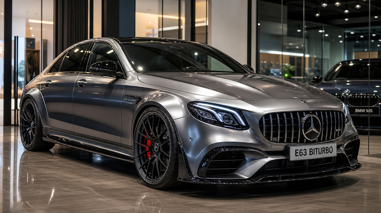 Mercedes-AMG E63 Biturbo cinzento com jantes pretas e travões vermelhos em showroom moderno.