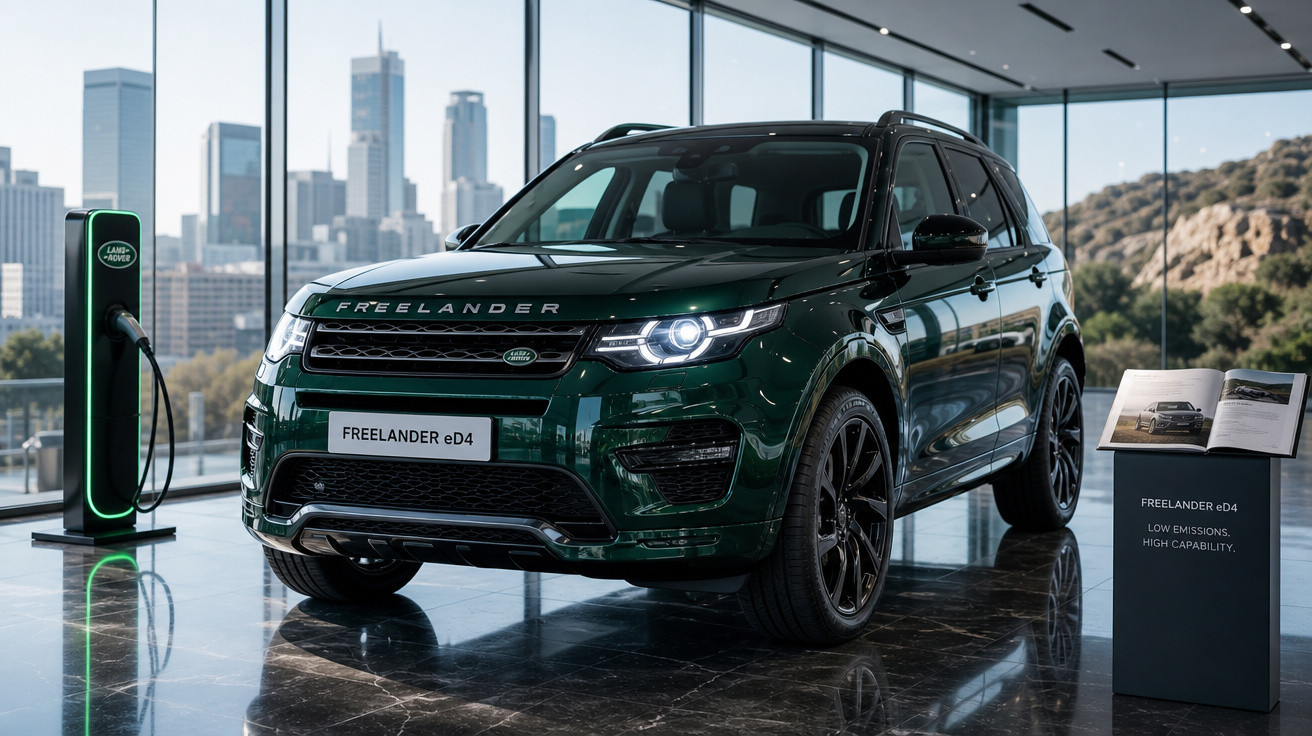 Carro Land Rover Freelander eD4 verde escuro em exposição com estação de carregamento elétrico numa sala moderna.
