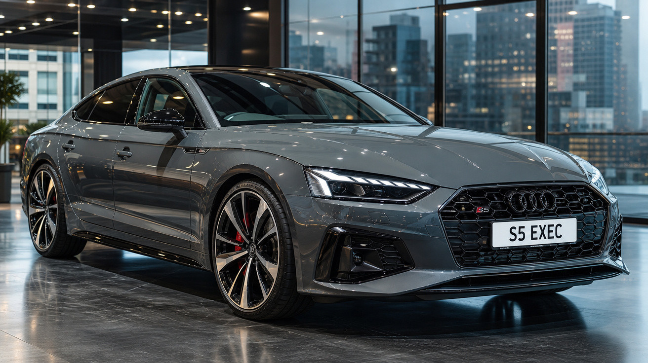 Audi S5 cinzento metálico estacionado num showroom moderno com grandes janelas e iluminação interior.