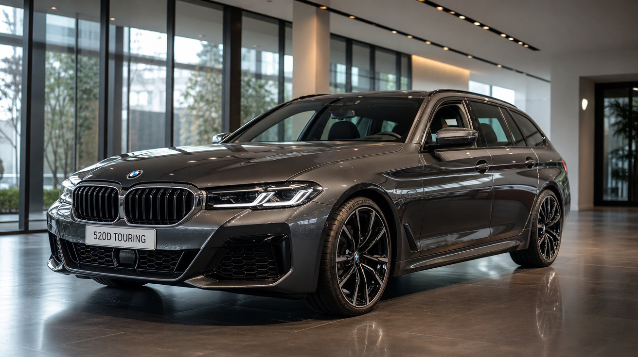 Carro BMW 520D Touring cinzento estacionado em showroom moderno com janelas grandes e iluminação elegante.