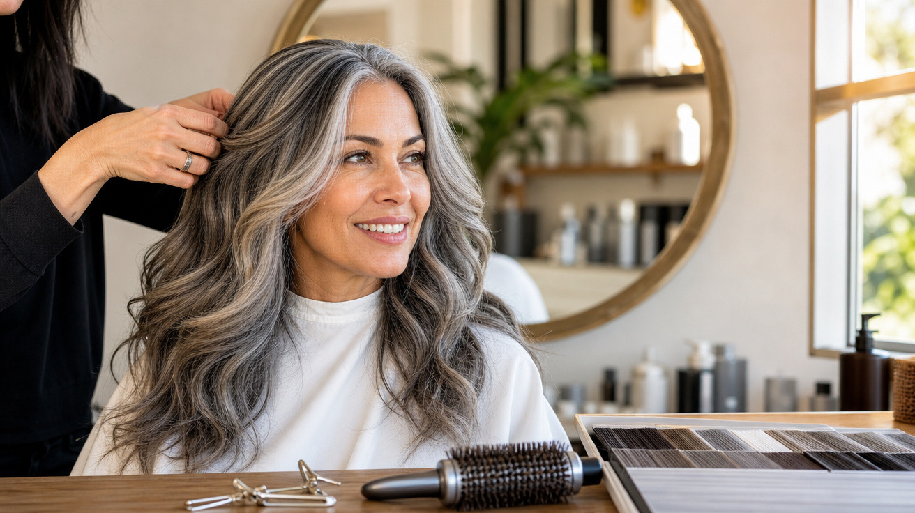 Mulher sorridente com cabelo cinza ondulado a ser penteada num salão de beleza moderno e iluminado.