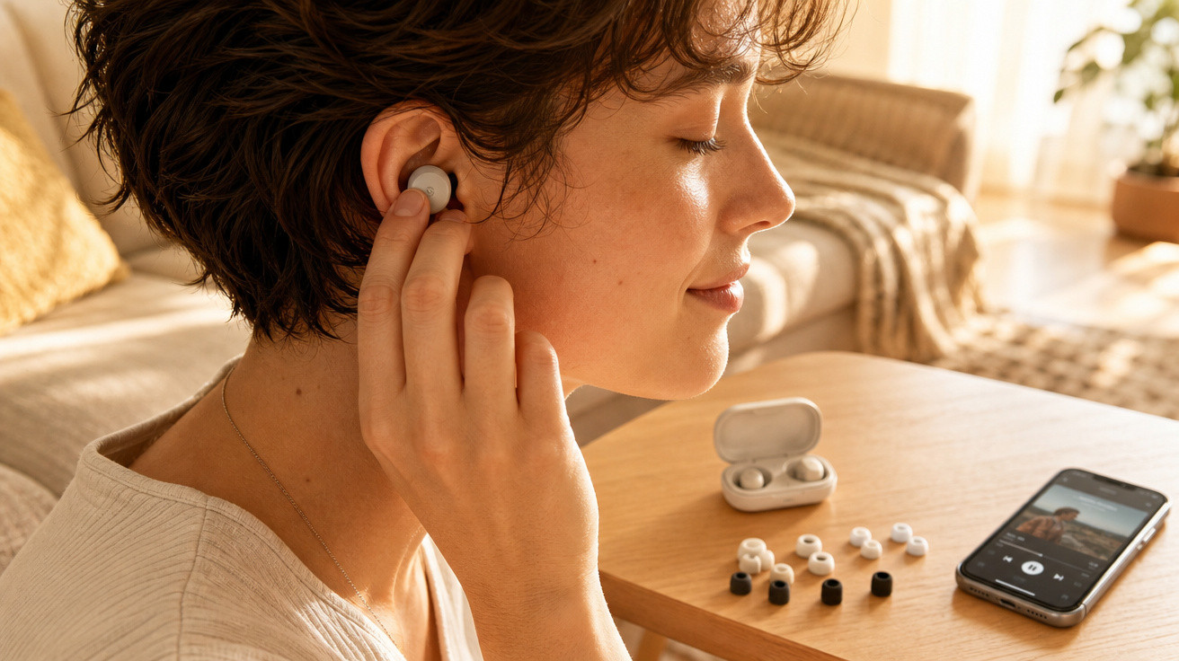 Pessoa a colocar auricular sem fios no ouvido, sentada numa sala iluminada, com telemóvel e estojo de auriculares na mesa.