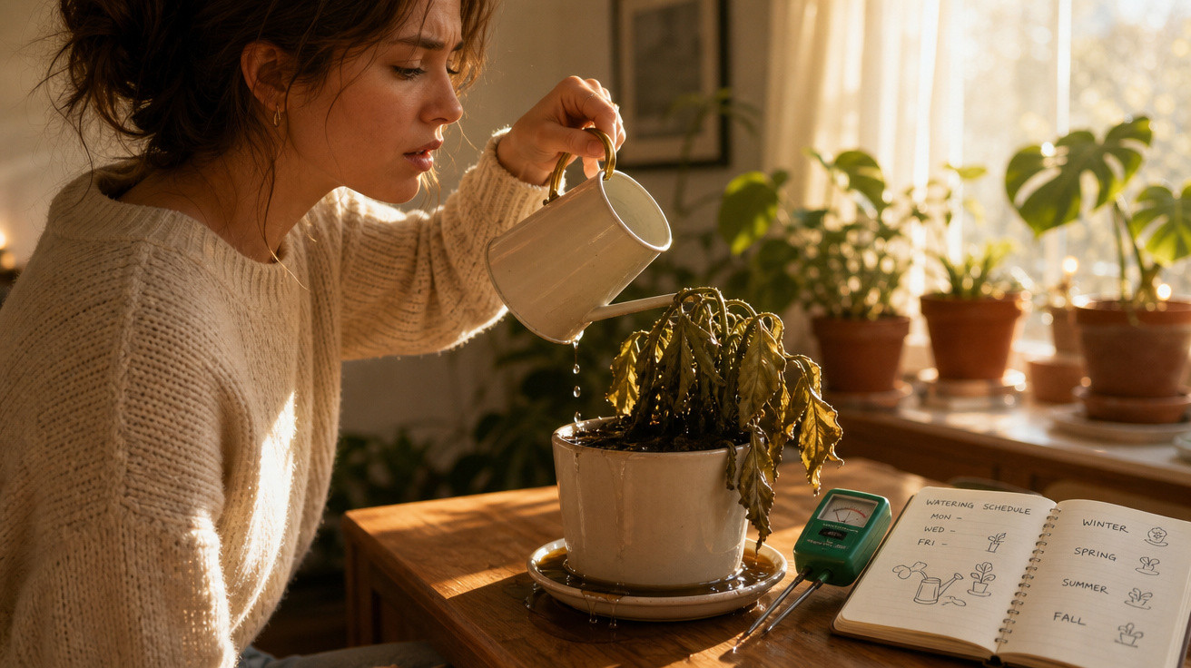 Mulher a regar planta murcha numa jarra branca, com caderno de cuidados de plantas aberto numa mesa.