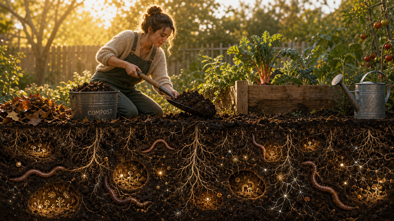 Mulher a cuidar do solo do seu jardim com minhocas e raízes visíveis na terra iluminada pelo sol.