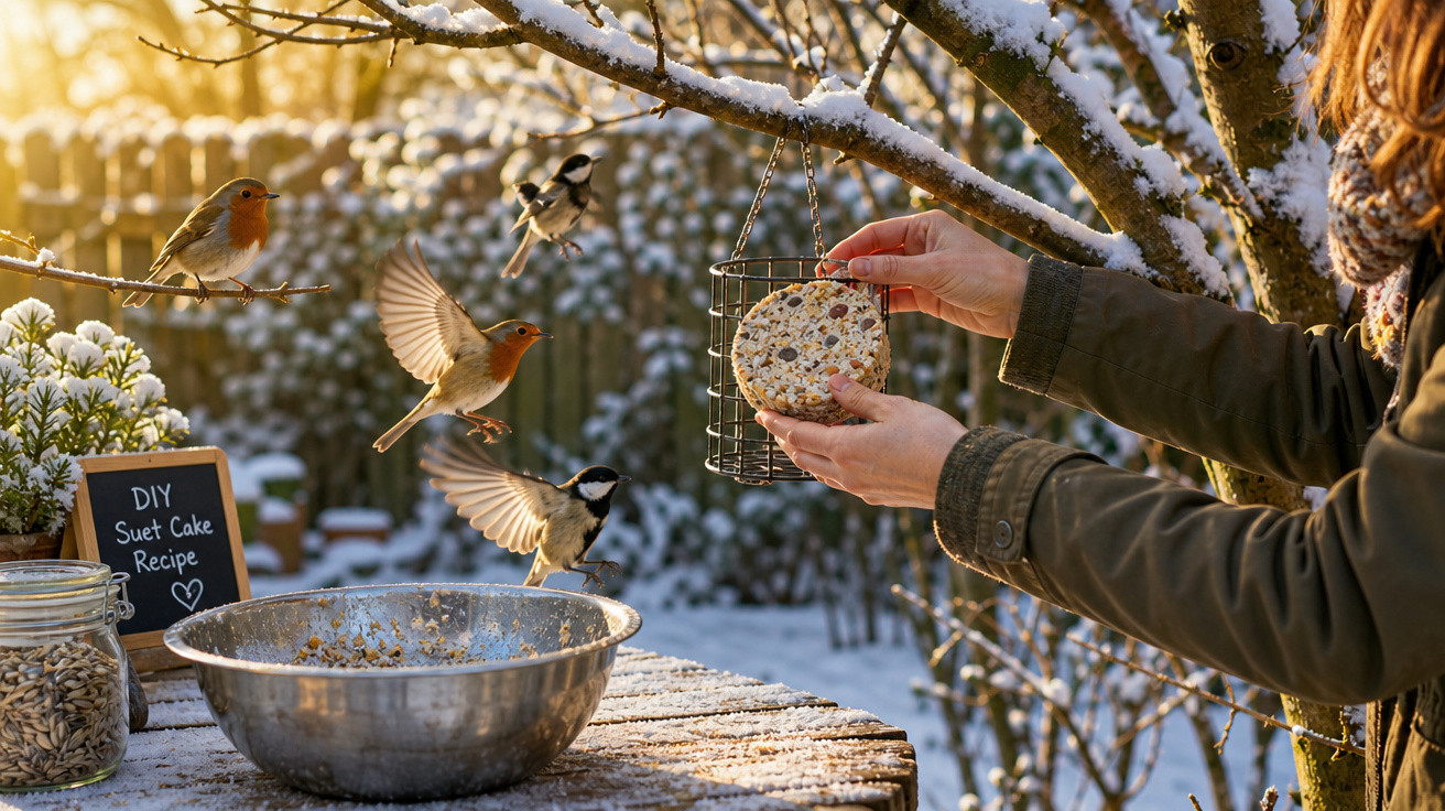 Pessoa a colocar bolo de gordura para pássaros numa estrutura metálica ao ar livre com neve ao fundo