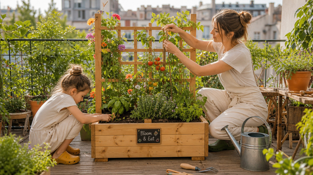 Mulher e criança cuidam de plantas e colhem tomateiros numa horta urbana num terraço ensolarado.