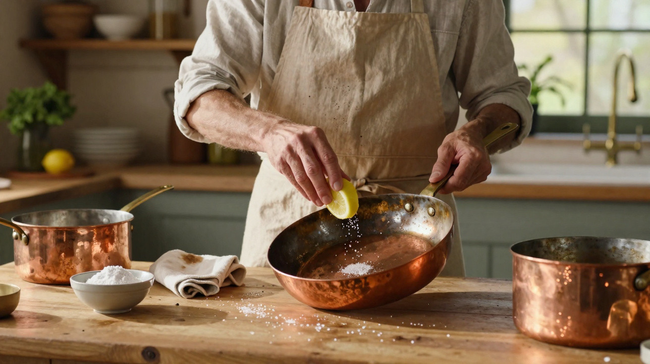 Pessoa a esfregar sal num tacho de cobre com meio limão numa cozinha com utensílios de cobre.