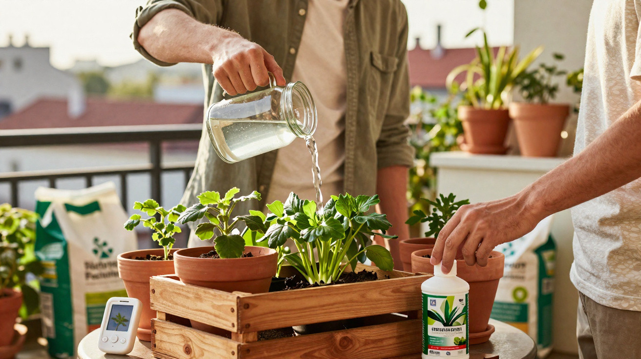 Duas pessoas regam e tratam plantas em vasos num terraço ensolarado com acessórios de jardinagem.