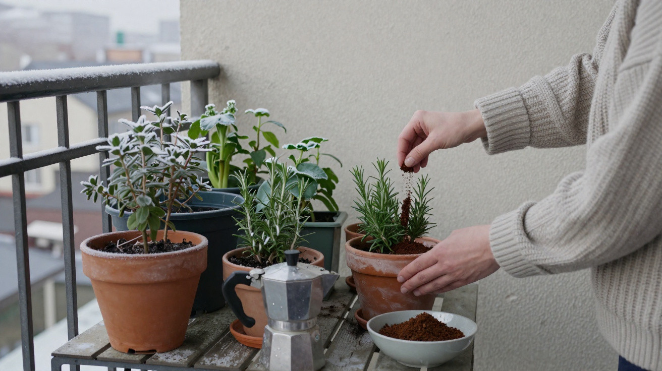 Pessoa a cuidar de plantas em vaso num balcão com restos de terra e uma cafeteira italiana.