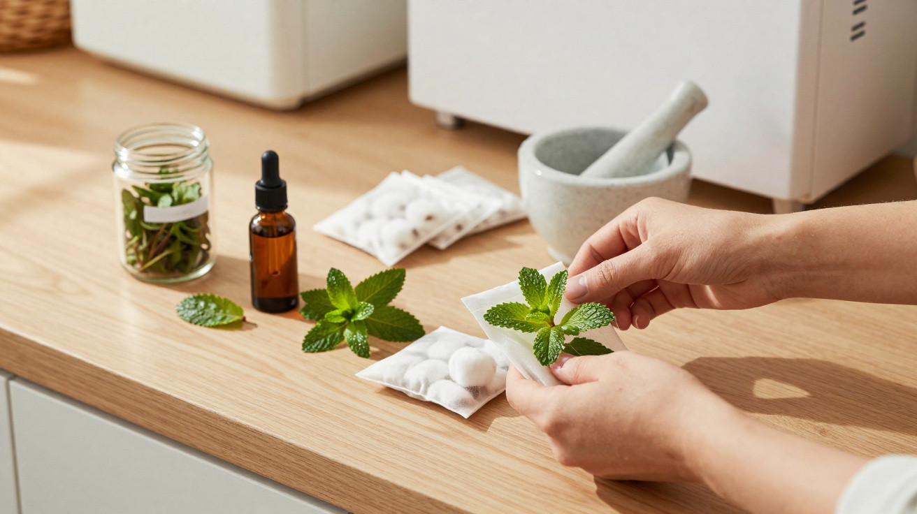 Mãos a preparar saquinhos com folhas de hortelã fresca sobre bancada de madeira com frascos e almofariz.