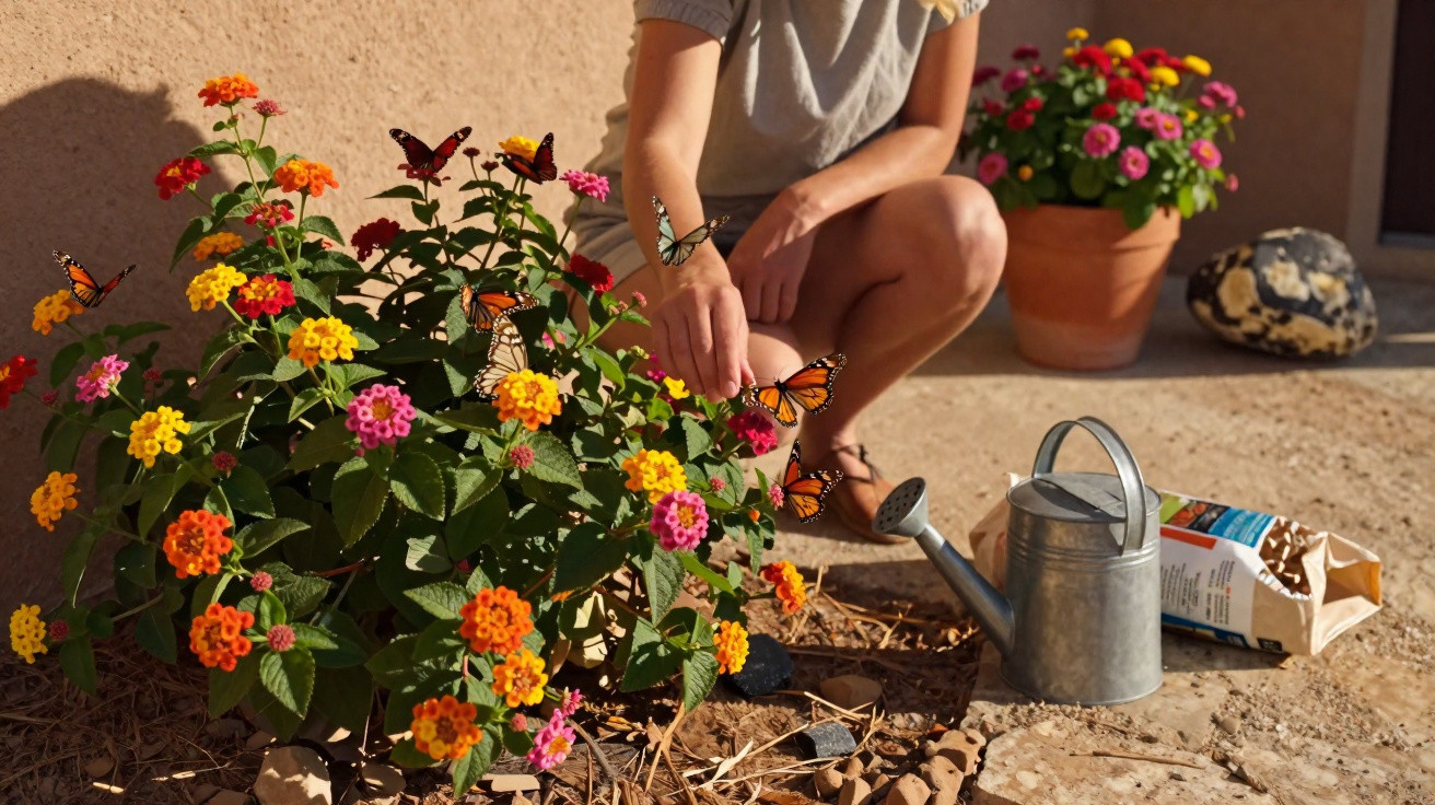 Pessoa a cuidar de flores coloridas num jardim com várias borboletas laranjas pousadas nas plantas.