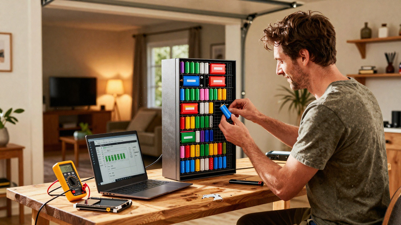 Homem a testar baterias coloridas numa bancada de madeira com computador portátil e multímetro.