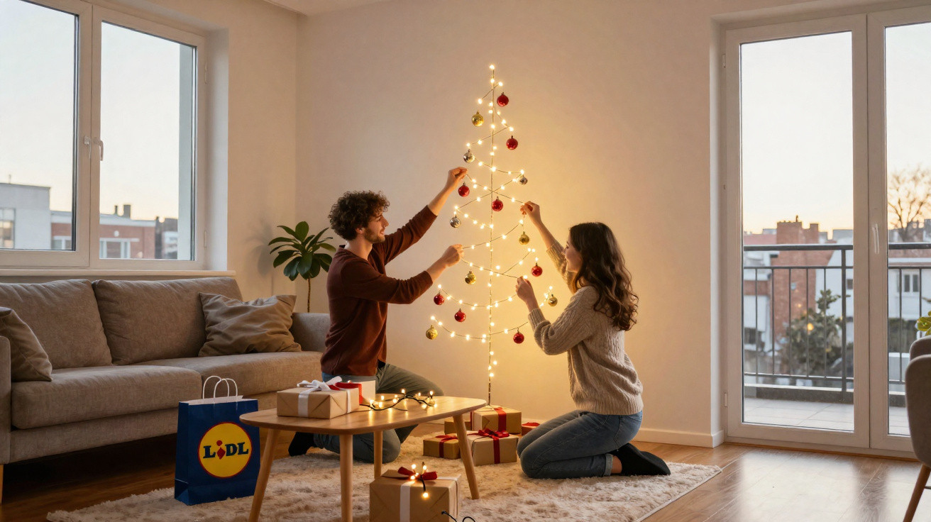 Casal a decorar uma árvore de Natal minimalista com luzes e bolas vermelhas, em sala acolhedora com sofá e janelas grandes.