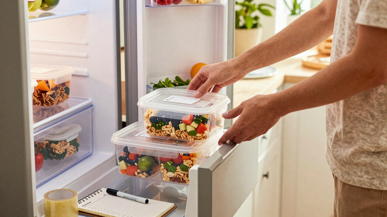 Pessoa a guardar recipientes transparentes com salada colorida no frigorífico branco numa cozinha iluminada.