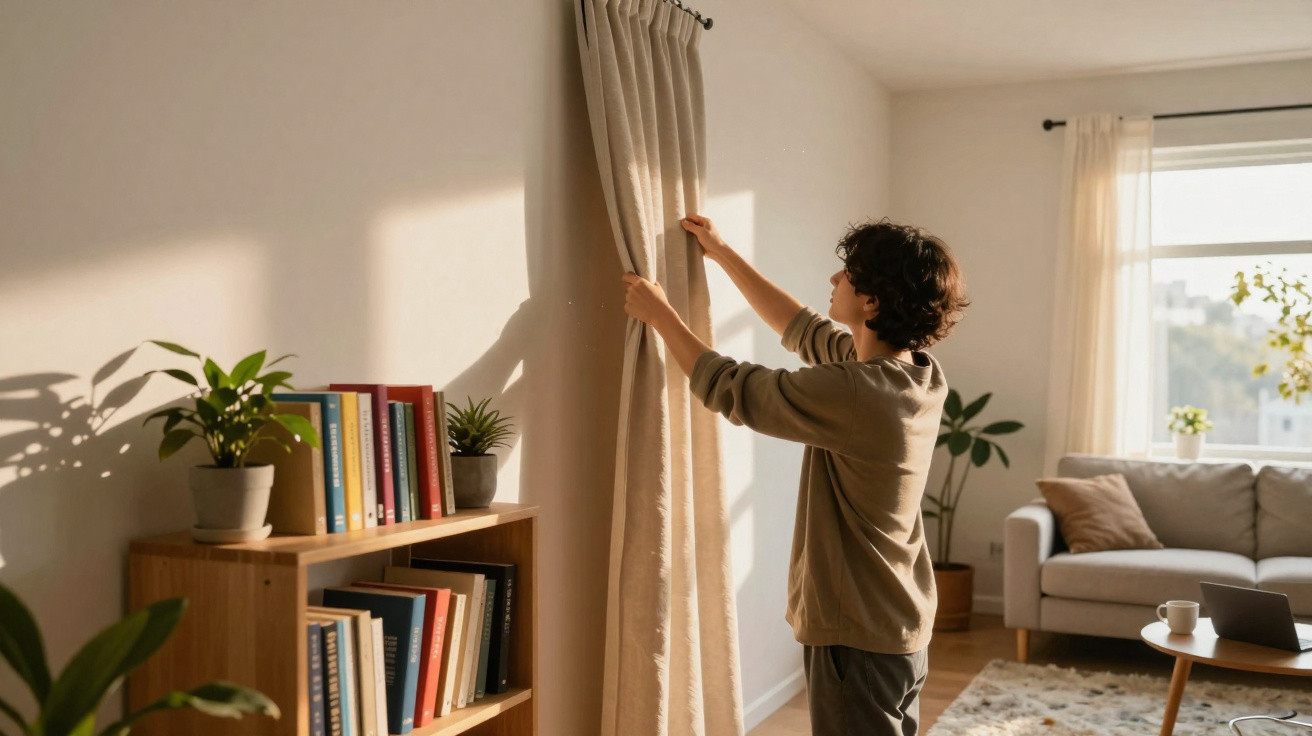 Pessoa a abrir cortina num ambiente luminoso com estante de livros e sofá cinzento ao fundo.