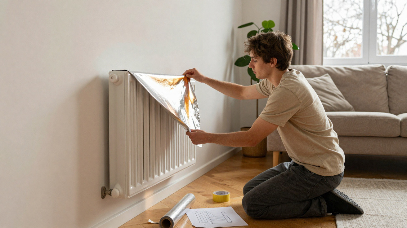Homem a colocar folha refletora de calor numa radiador branco numa sala com sofá e planta.