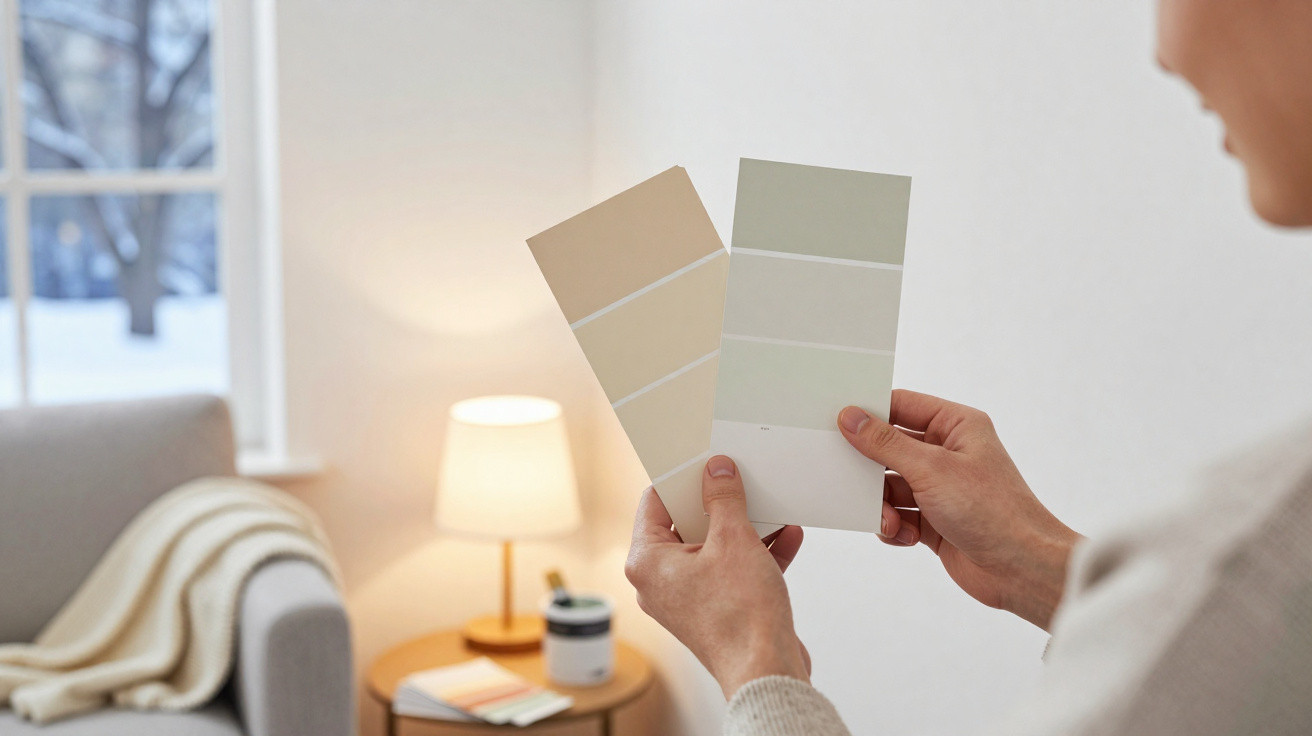 Pessoa segurando amostras de cor para pintar parede numa sala com sofá e candeeiro iluminado.