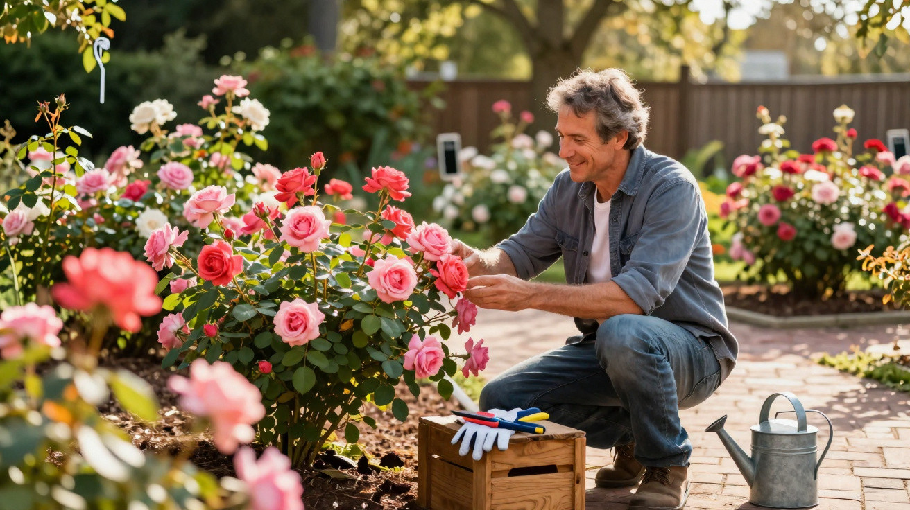 Homem a cuidar de rosas cor-de-rosa num jardim ensolarado, com regador e ferramentas ao lado.
