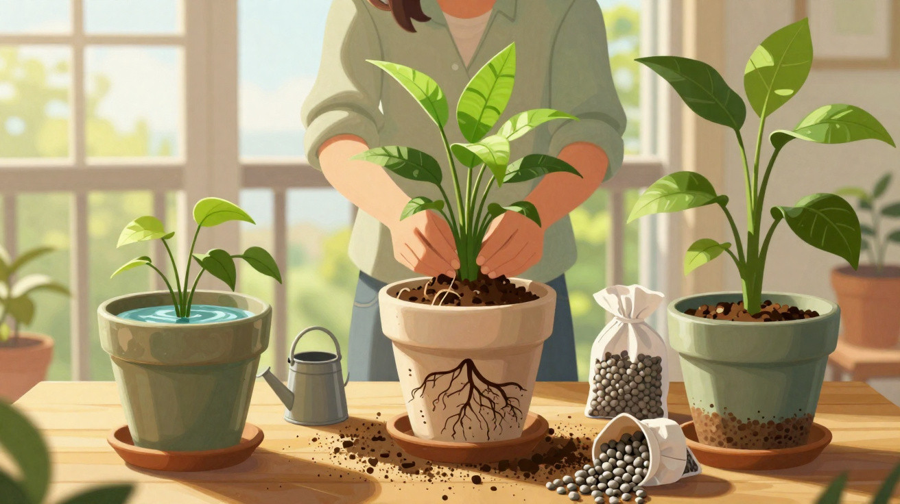 Pessoa a cuidar de plantas em vasos sobre uma mesa com terra e fertilizante num ambiente iluminado.