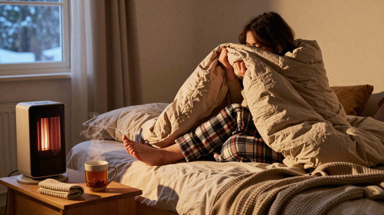 Pessoa sentada na cama a aquecer-se com manta e aquecedor, chá numa mesa ao lado, cenário de inverno.