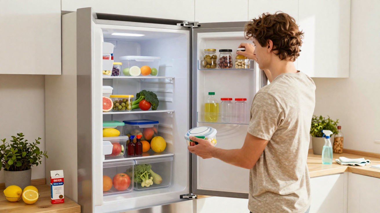 Homem a organizar alimentos frescos dentro de um frigorífico aberto numa cozinha moderna.