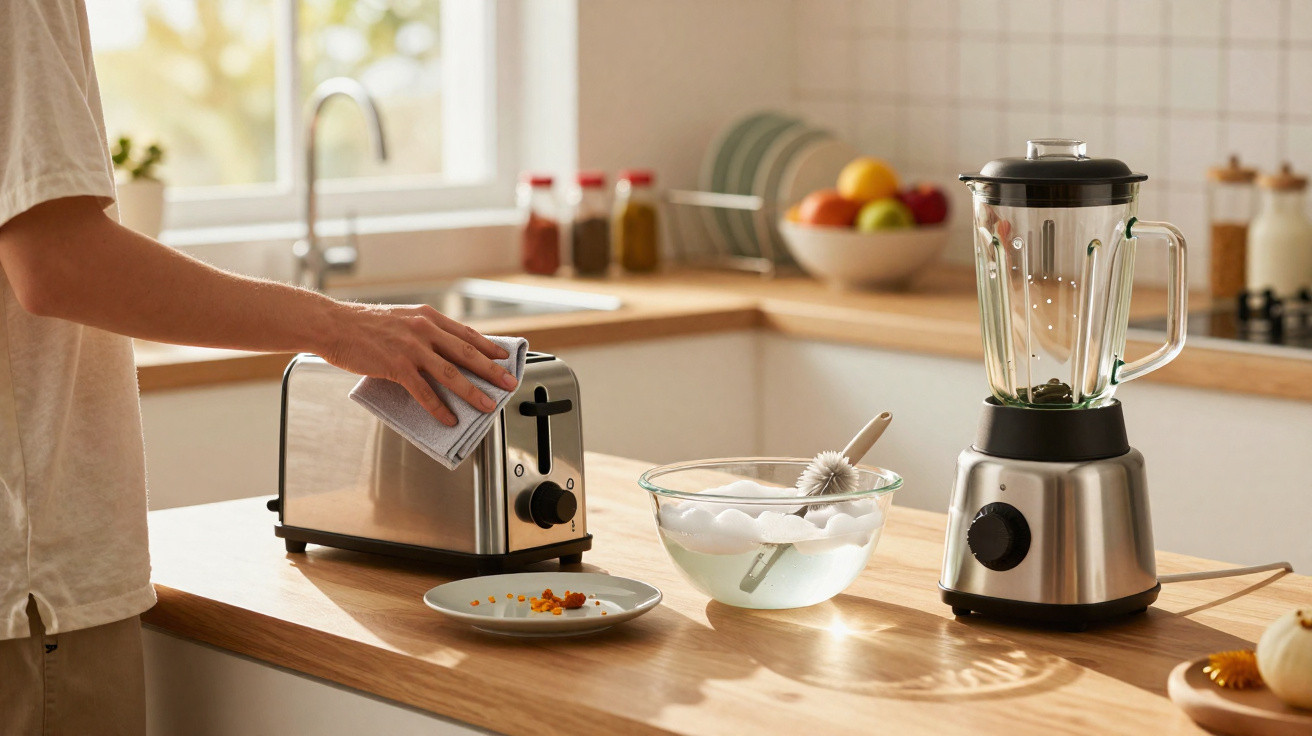 Pessoa a limpar torradeira numa cozinha moderna com liquidificador e tigela com ovos sobre o balcão.