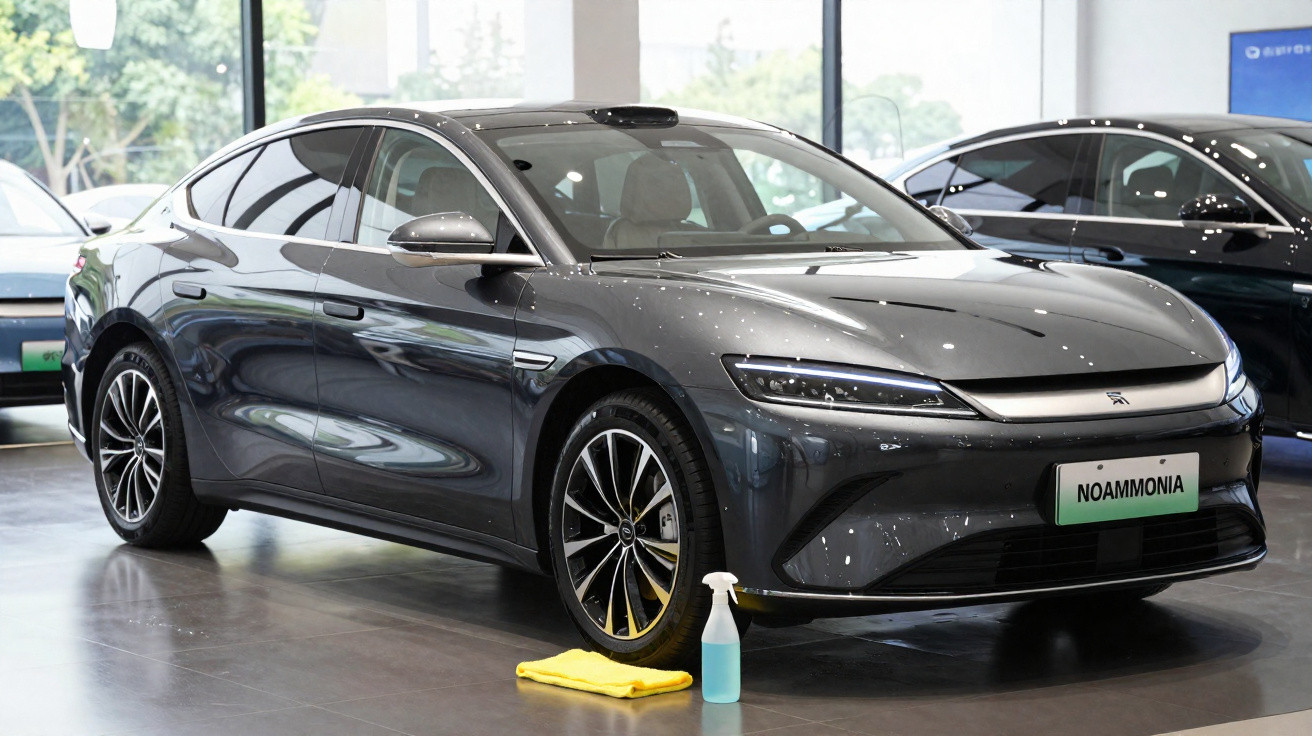 Carro eléctrico cinzento estacionado num salão, com um pano amarelo e um frasco de limpeza no chão ao lado.