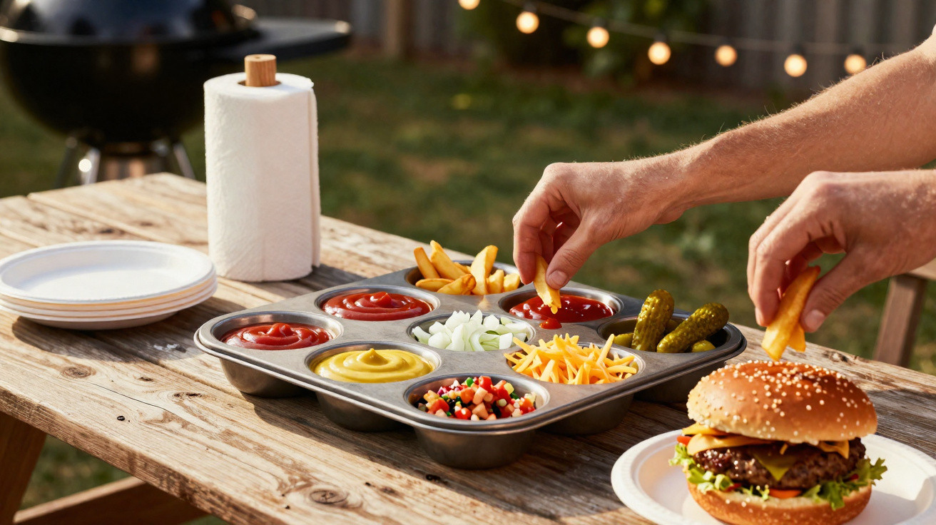 Mãos a preparar hambúrguer com condimentos, batatas fritas, pickles e molhos numa mesa de madeira ao ar livre.