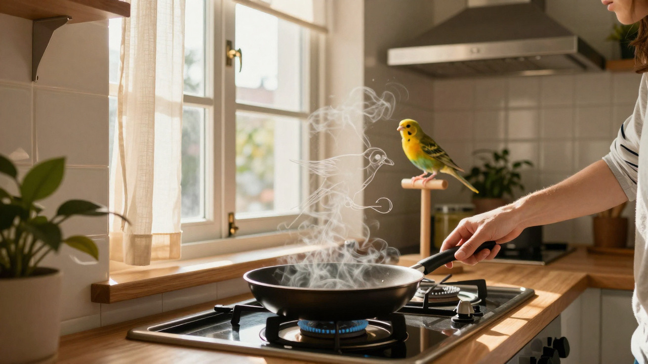 Pessoa a cozinhar com frigideira a libertar vapor em cozinha iluminada, com periquito amarelo no suporte.