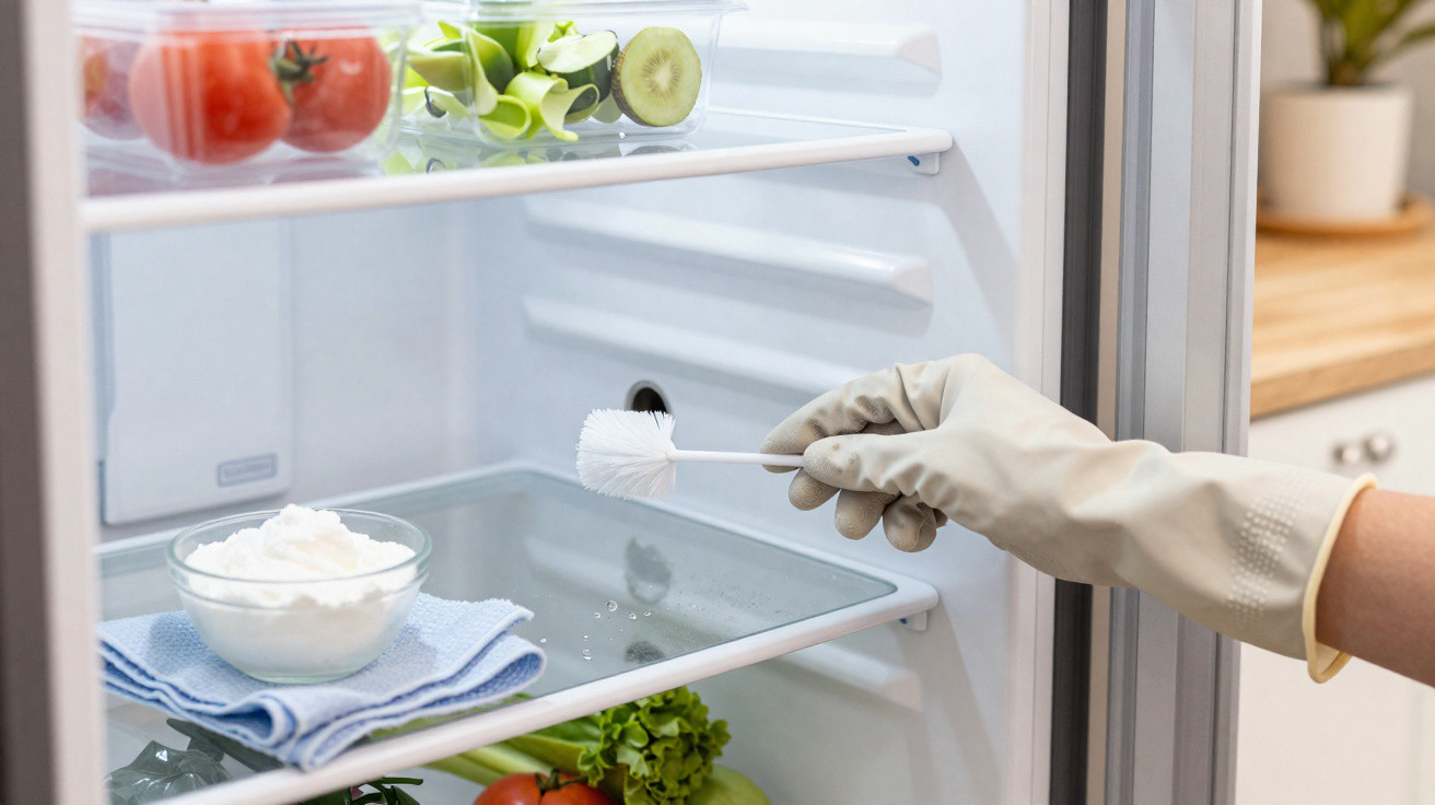 Mão com luva a limpar o interior de um frigorífico com uma escova branca, com legumes e um frasco dentro.