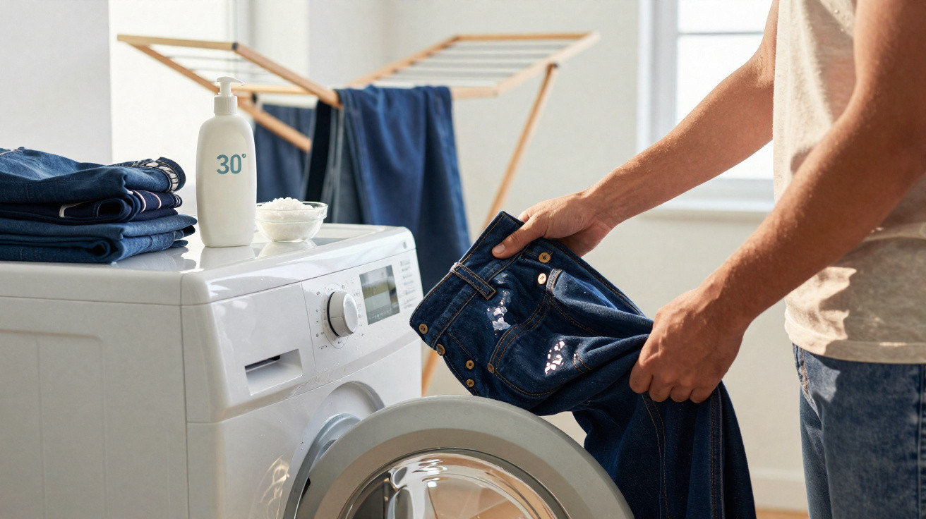 Pessoa a colocar calças de ganga na máquina de lavar roupa numa sala luminosa.