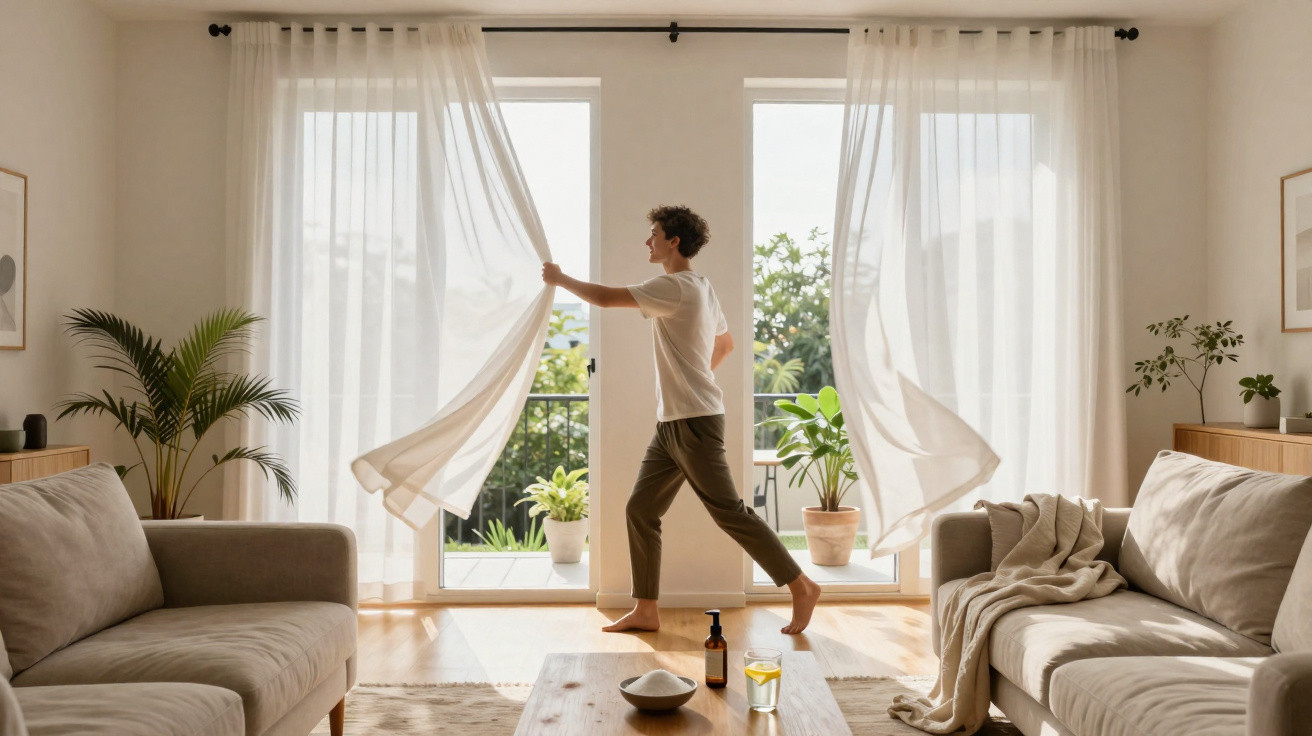 Homem a abrir cortinas de vidro num sala iluminada com sofás, plantas e mesa de madeira.