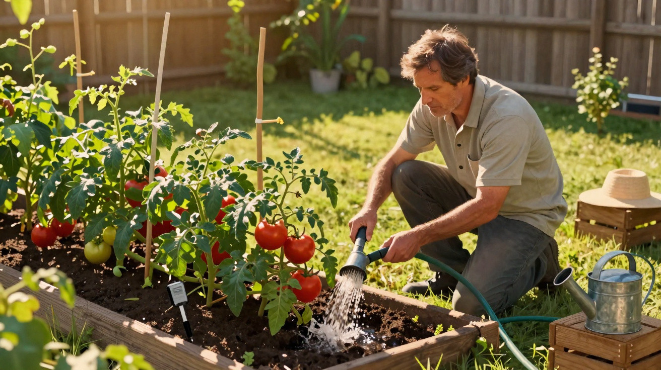 Homem a regar plantas de tomate num jardim elevado num dia soalheiro.