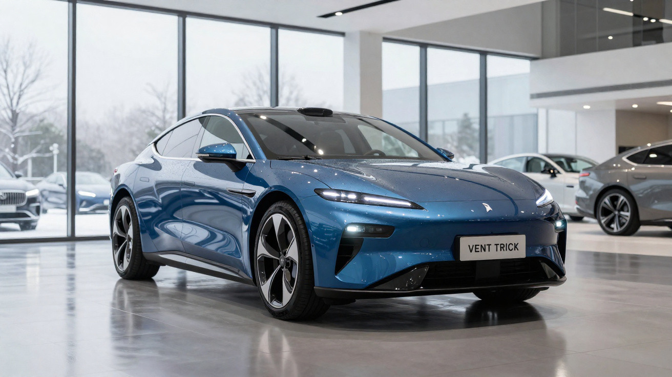 Carro desportivo elétrico azul apresentado numa garagem moderna com janelas amplas.