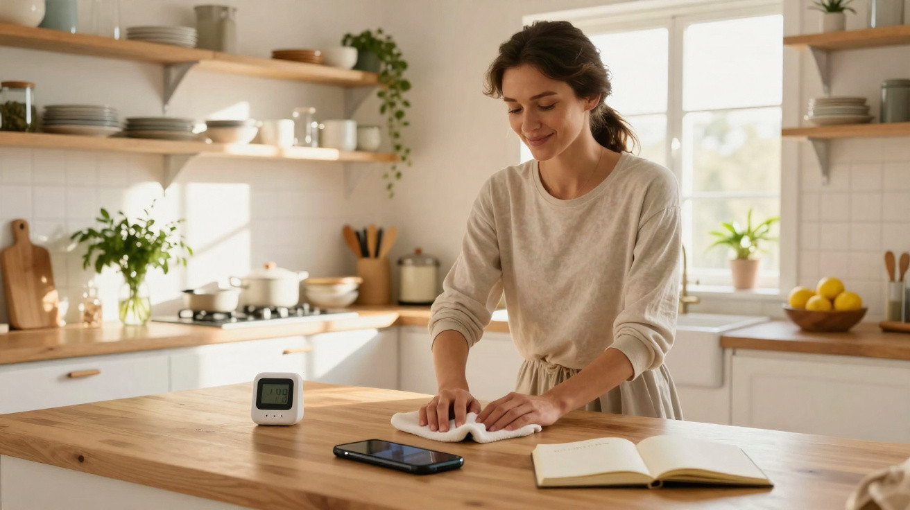 Mulher sorridente limpa bancada de cozinha de madeira, com livros, telemóvel e temporizador sobre a superfície.
