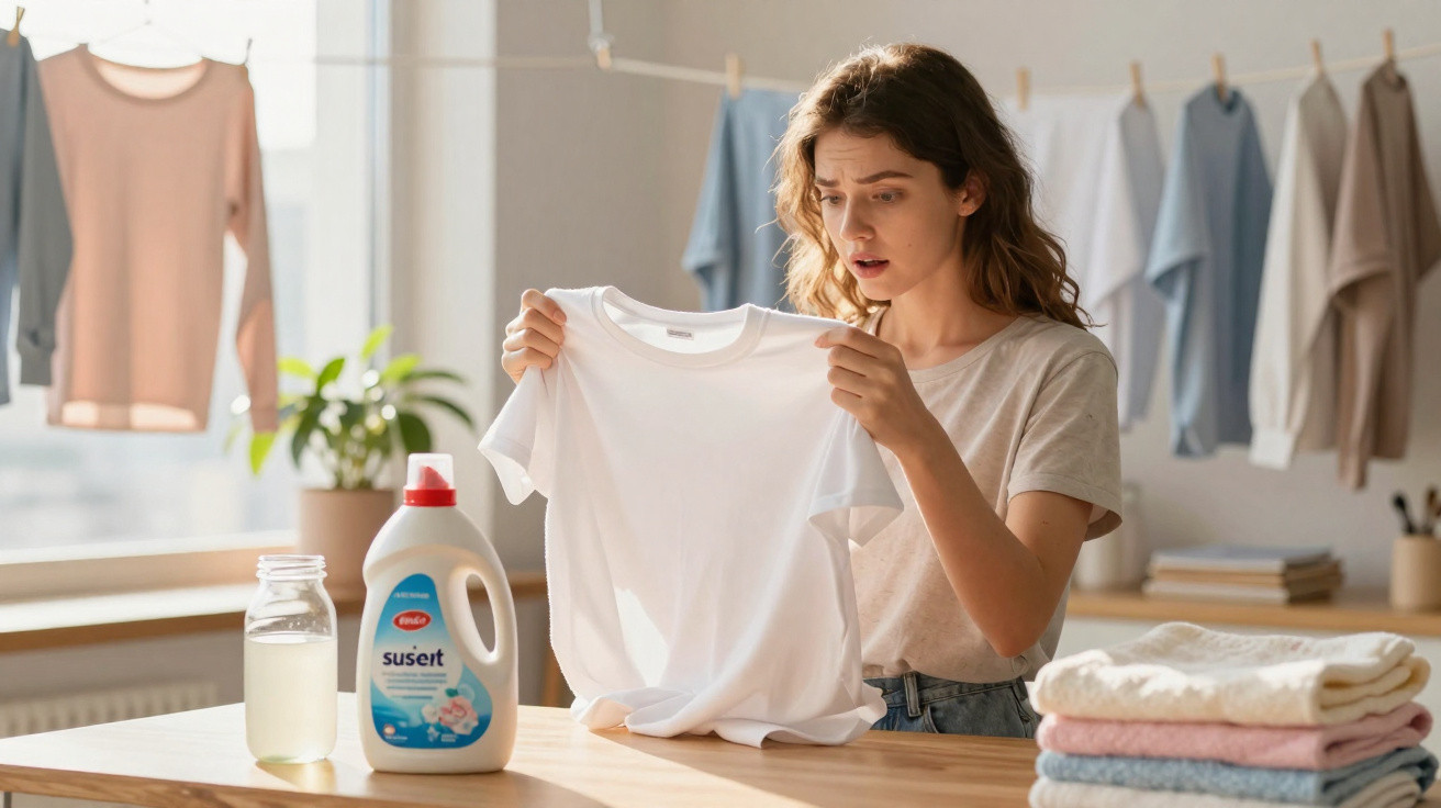 Mulher com expressão preocupada a segurar uma t-shirt branca, com detergente e roupa lavada ao fundo.
