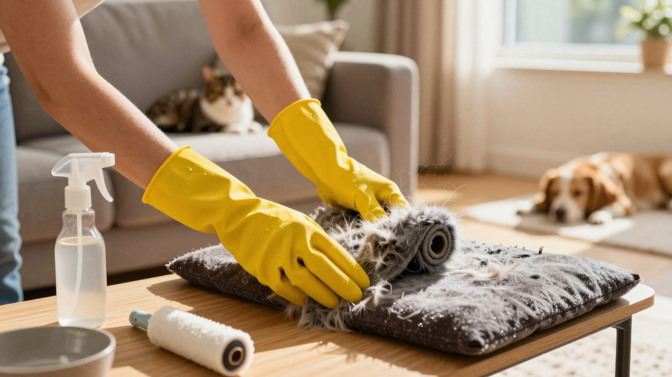 Pessoa com luvas amarelas a limpar almofada de pelo num ambiente com um sofá, gato e cão ao fundo.