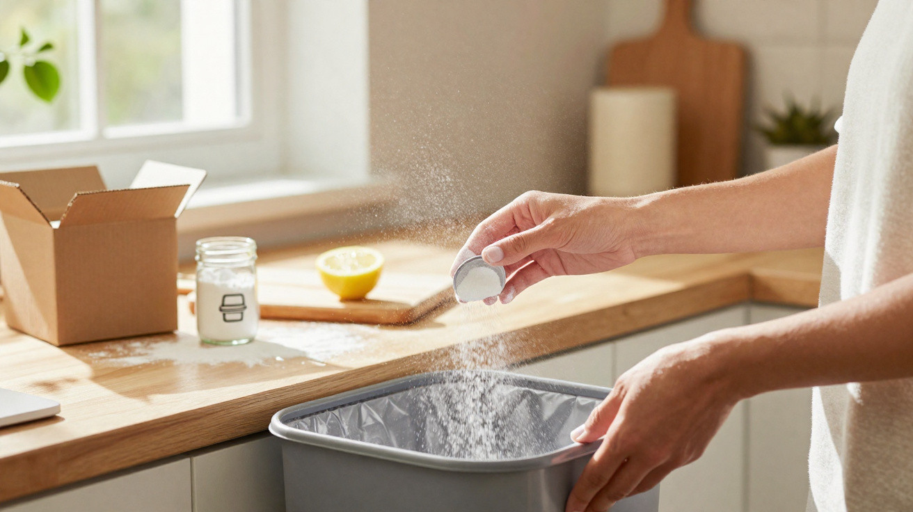 Pessoa a colocar detergente em cápsula dentro de uma lixeira na cozinha iluminada pela luz natural.