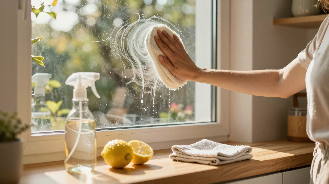 Pessoa a limpar uma janela com um pano branco, garrafa de spray e limões na superfície da cozinha.