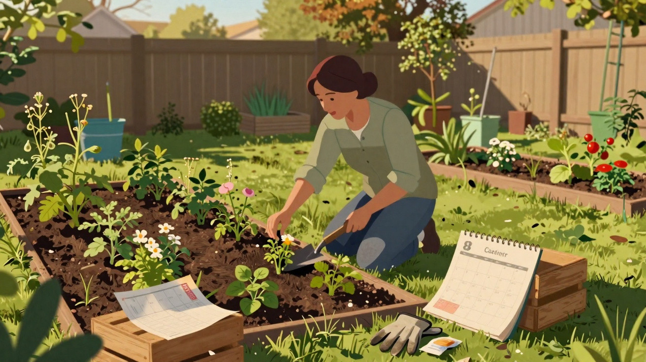 Mulher a cuidar de plantas num jardim urbano com calendário e ferramentas de jardinagem.