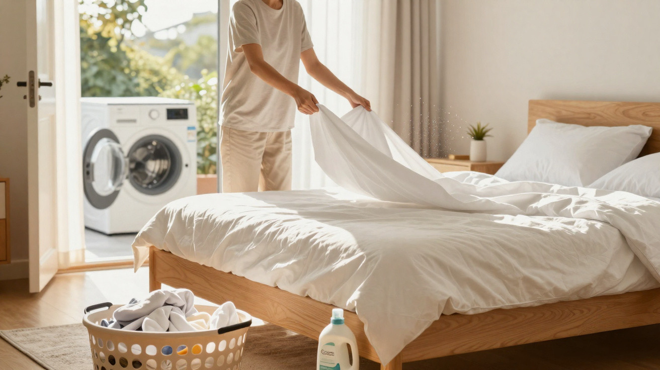 Pessoa a estender lençóis brancos numa cama de madeira numa divisão com máquina de lavar roupa e cesta de roupa suja.