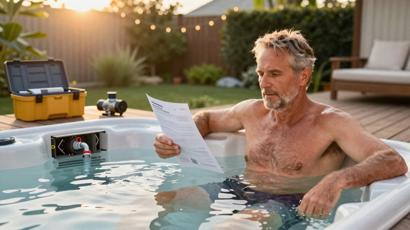 Homem sentado numa banheira de hidromassagem ao ar livre a ler um documento ao pôr do sol.