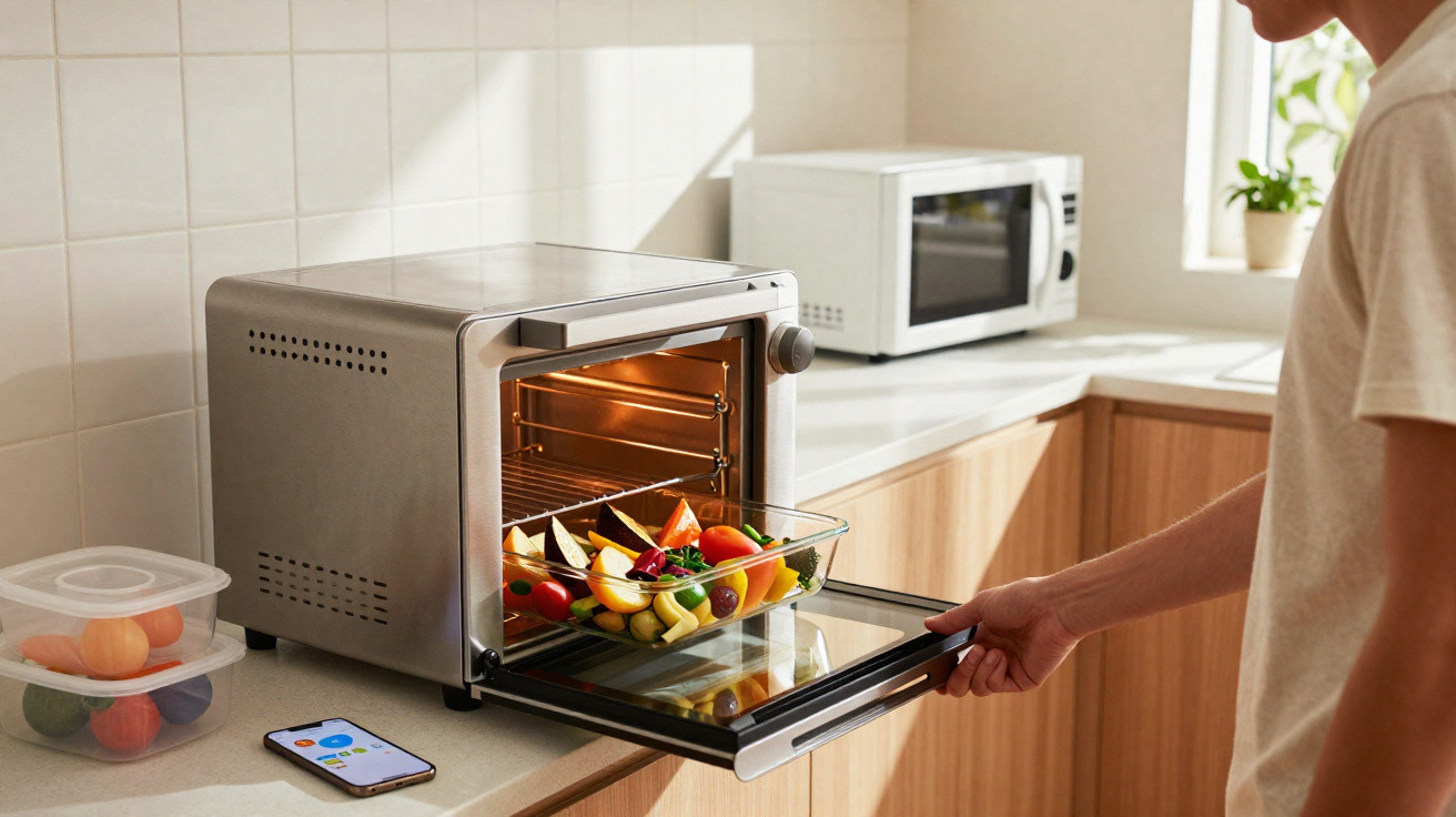 Pessoa a colocar tabuleiro com legumes num forno elétrico na cozinha moderna iluminada.