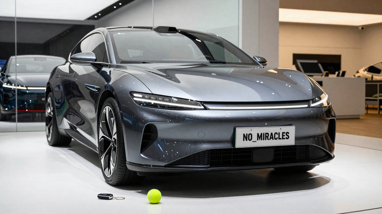Carro desportivo elétrico cinza escuro em exposição, com bola de ténis e comando no chão.
