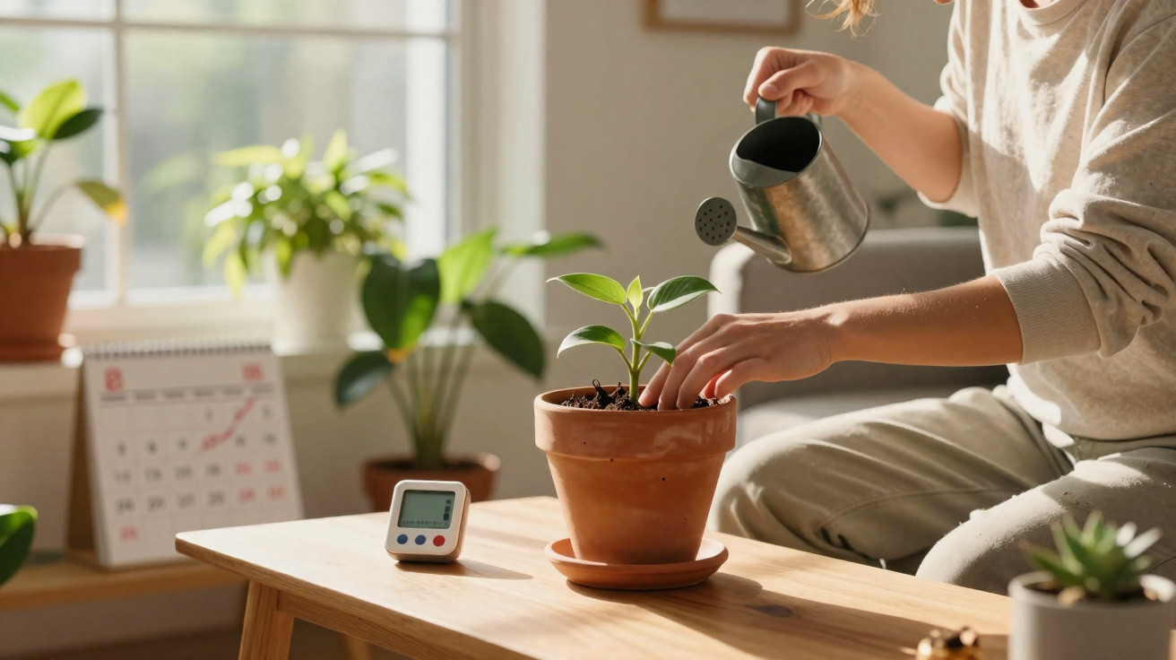 Pessoa a regar planta em vaso de barro numa mesa junto a várias plantas e um calendário.