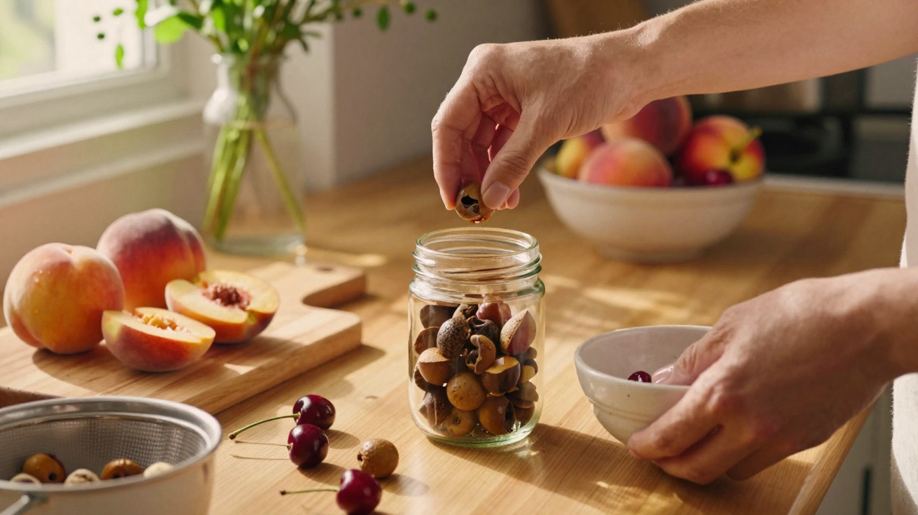 Mãos a colocar frutos secos num frasco sobre mesa de cozinha com pêssegos e cerejas.