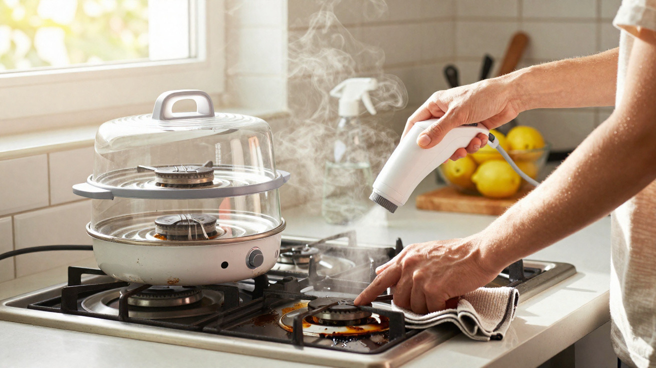 Pessoa a limpar fogão a gás com vapor num interior de cozinha luminosa.