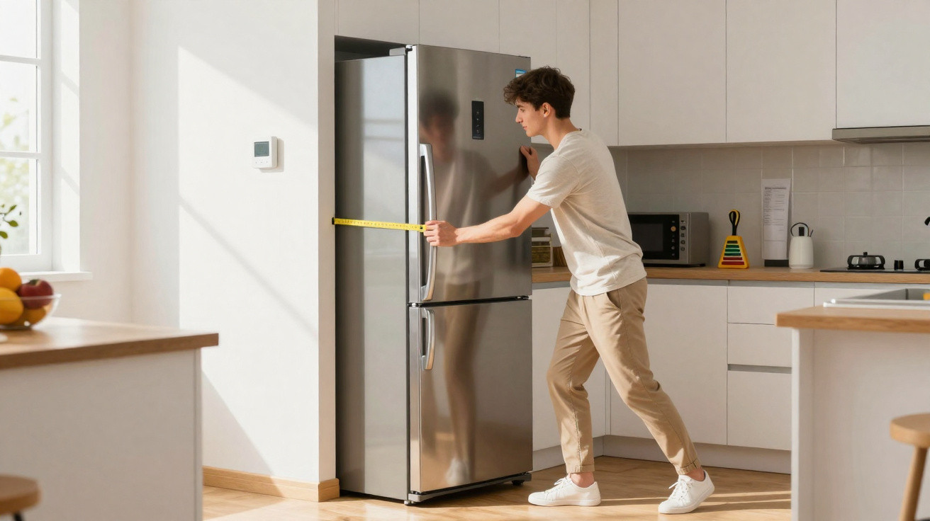 Jovem a medir a largura de um frigorífico de inox numa cozinha moderna com fita métrica.