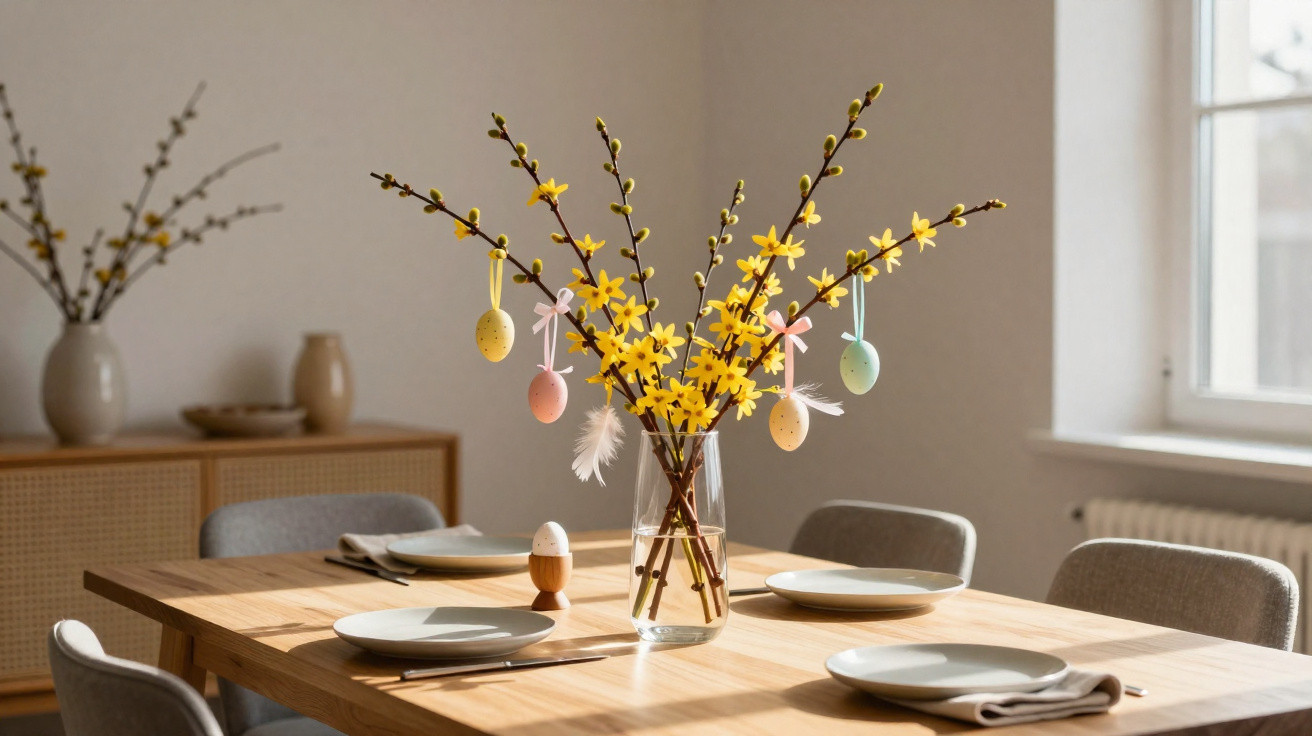 Ramo decorativo com flores amarelas e ovos de Páscoa pendurados numa mesa de jantar iluminada.