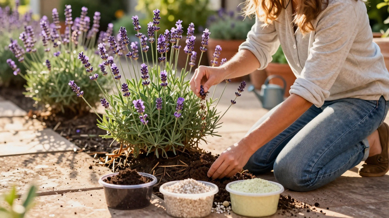 Pessoa a cuidar de plantas de lavanda num jardim com vasos de fertilizantes ao lado.